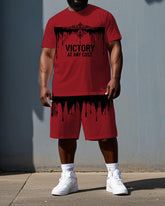 Men's Punk Style Crown VICTORY AT ANY COST Print Short-Sleeve T-shirt Big & Tall Set